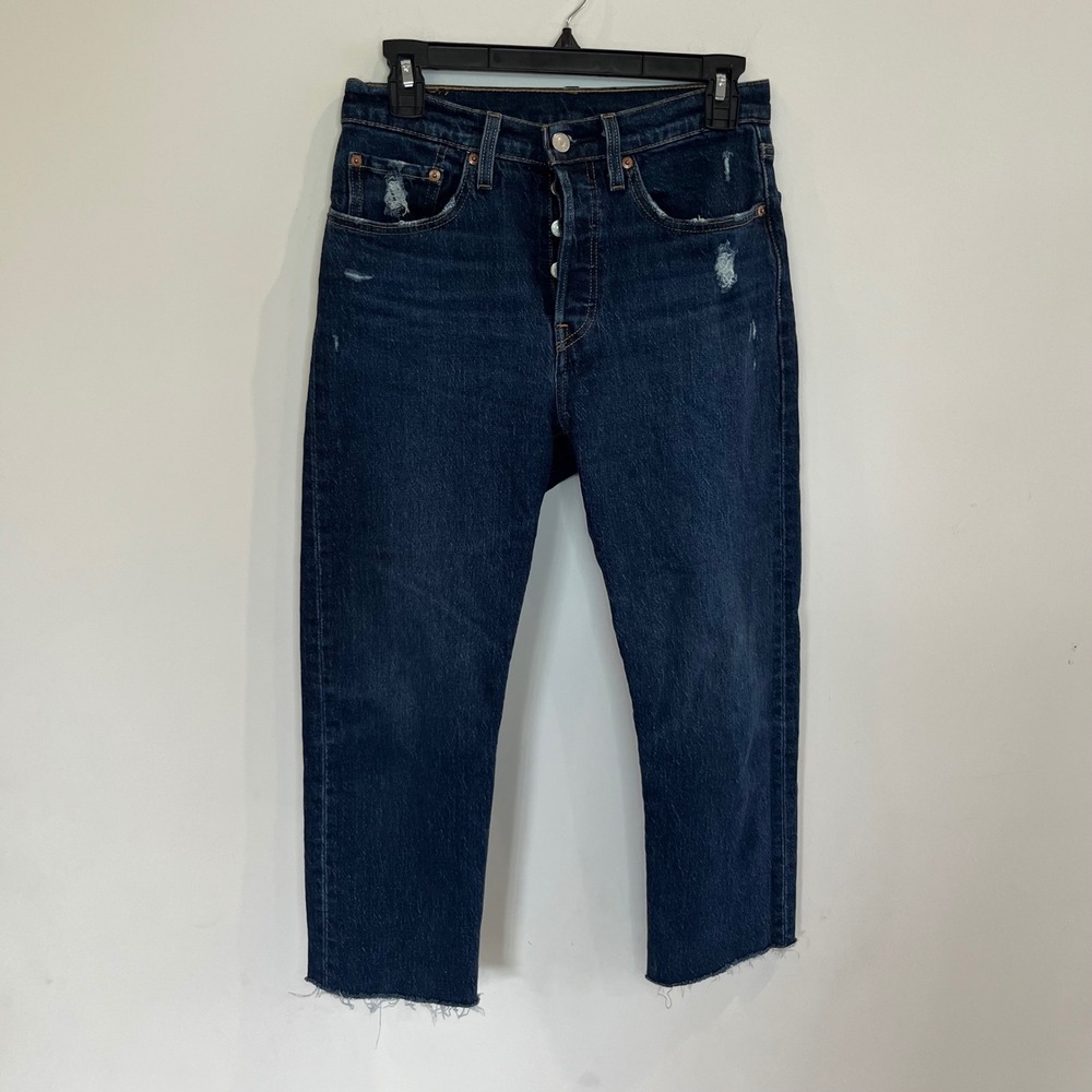 Levis 501 Original Cropped Jeans Dark Wash Distressed Raw Hem Button Fly 28